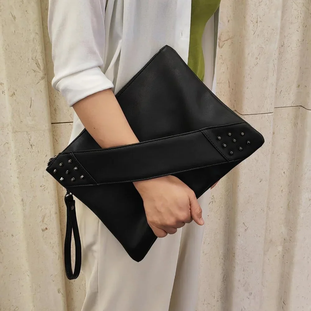 Women Clutch Purse PU Leather Crossbody Bag Envelope Wrist Strap Black